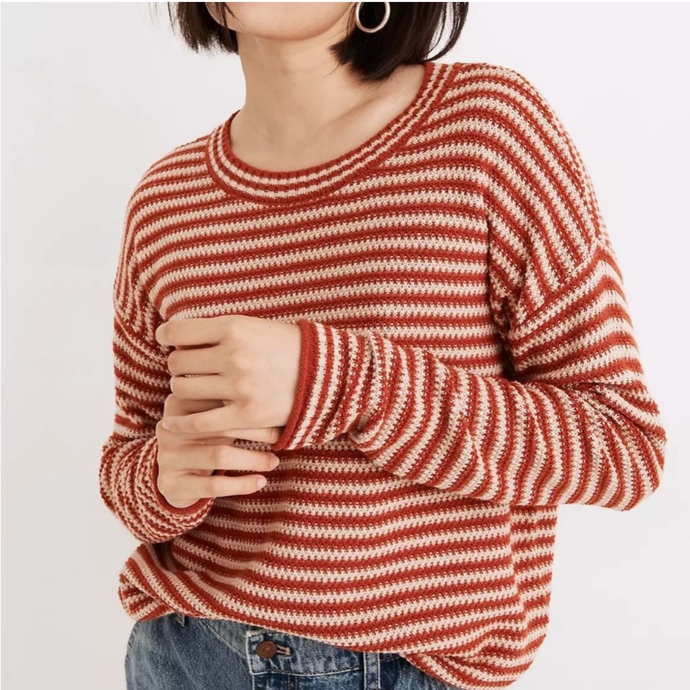 Madewell Red and Cream Striped Crewneck Sweater
